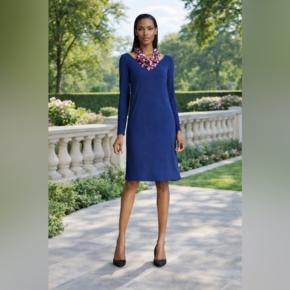 Eileen Fisher Deep Blue Ballet Neck Keyhole Length Long Sleeve Dress Size Medium